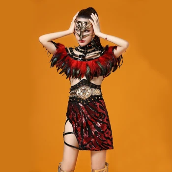 

Red Feather Sequins Rivet Dress Dance Costume Prom Wear Outfit Birthday Evening Party Shoulder Skirt Nightclub Evening Clothing
