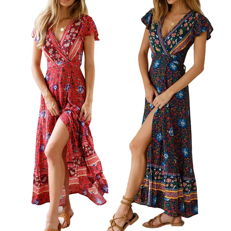 

Deep V Neck Sexy Maxi Long Dress Plus Size Vintage Flower Dresses Ladies 2019 Summer Clothes For Women