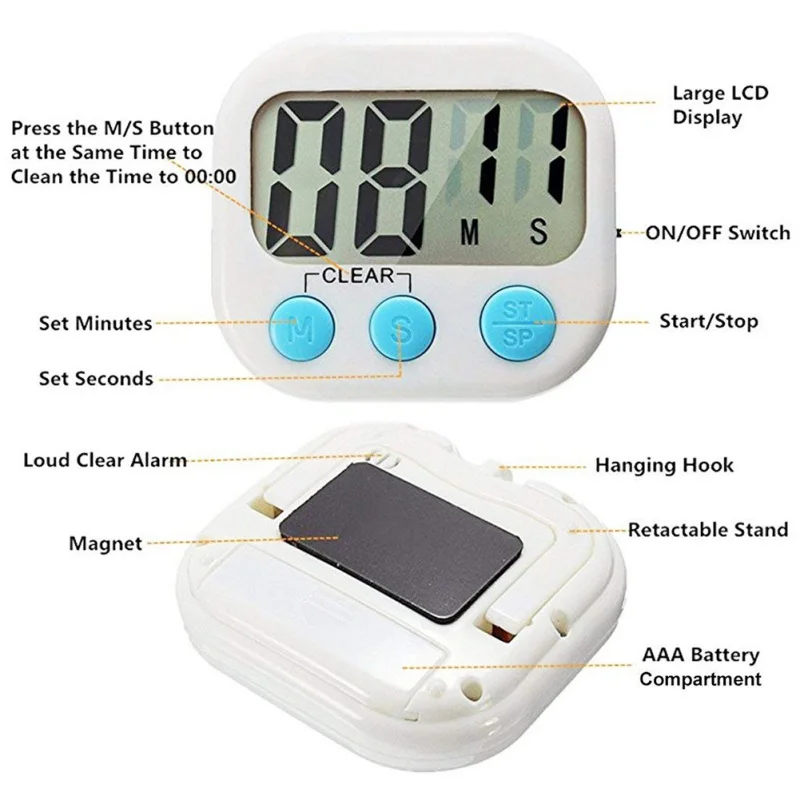 

Magnetic LCD Digital Kitchen Countdown Timer Alarm with Stand White Kitchen Timer Practical Cooking Timer Alarm Clock