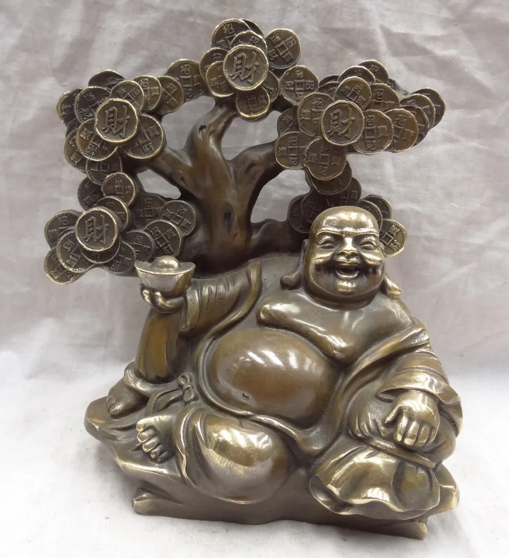 

xiuli 002253 8" Chinese Bronze Copper YuanBao Coin Tree Happy Laughing Maitreya Buddha Statue
