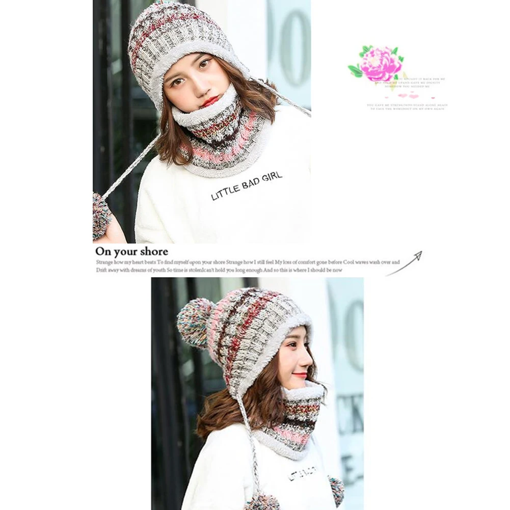 Флисовая подкладка для женщин вязаная шапочка шарф Набор для девочек зимняя Лыжная шапка с ушанками