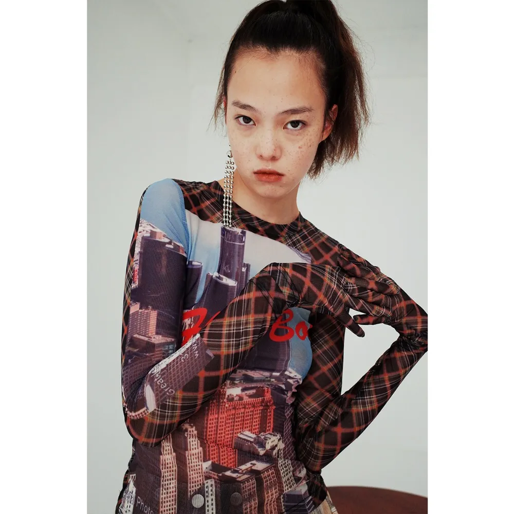 

Cakucool Chic Print Long Sleeve Shirt Women Sexy Finger Sleeve Novelty Design Mesh Blouse Shirt Slim Bodycon Tops Pullover Femme