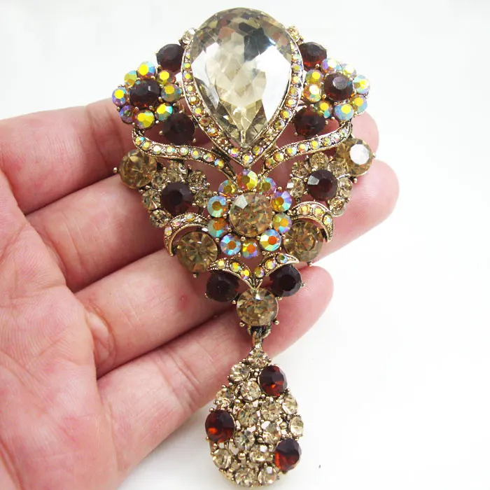 Gold Tone Brooch Unique Flower Teardrop Brooch Pin Pendant Brown Rhinestone Crystalin Brooches
