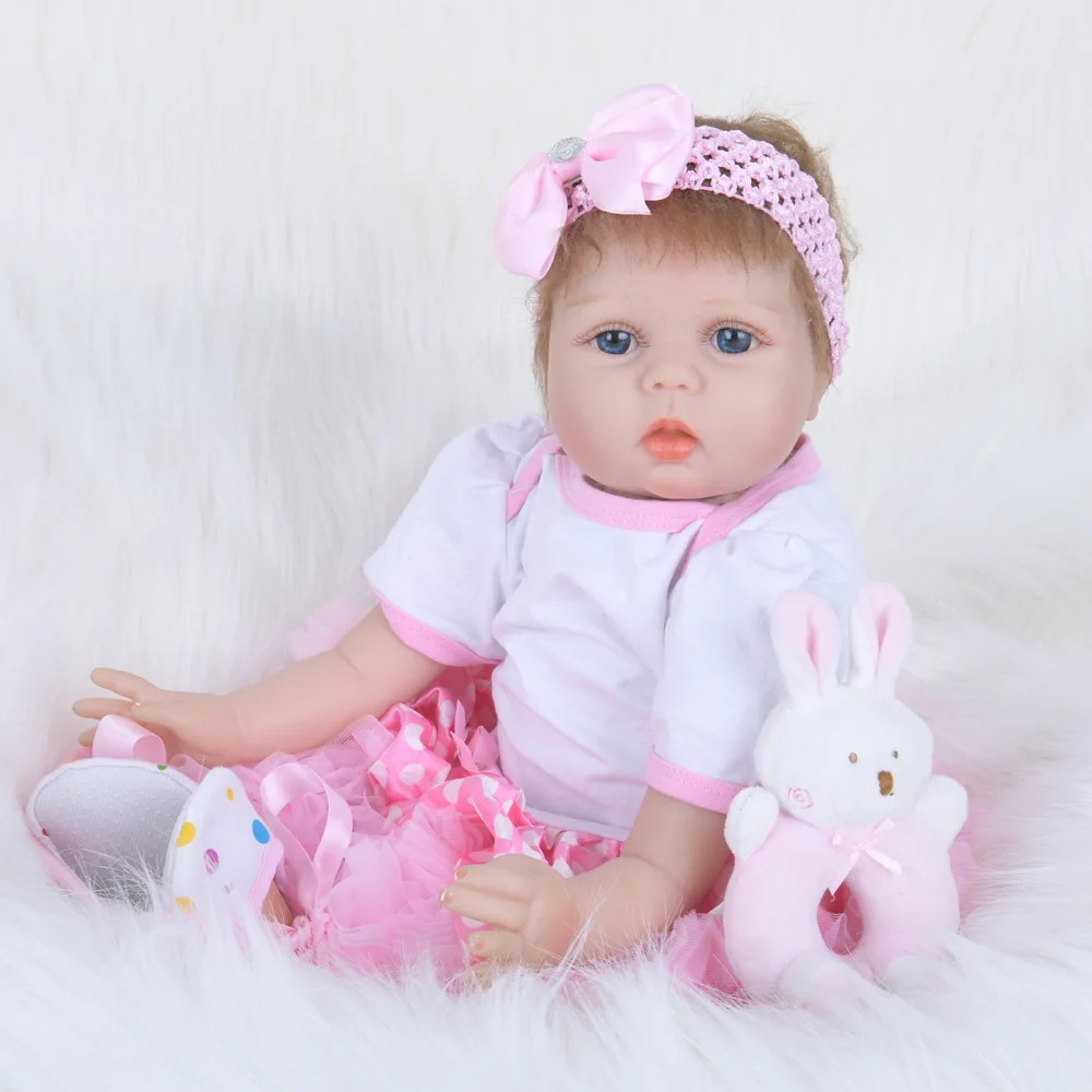 

Attractive 22" Reborn Baby Doll Brown Curved Mohair Blue Eyes Bebe Lovely Boneca Christmas Gift For Girls Boys Kids