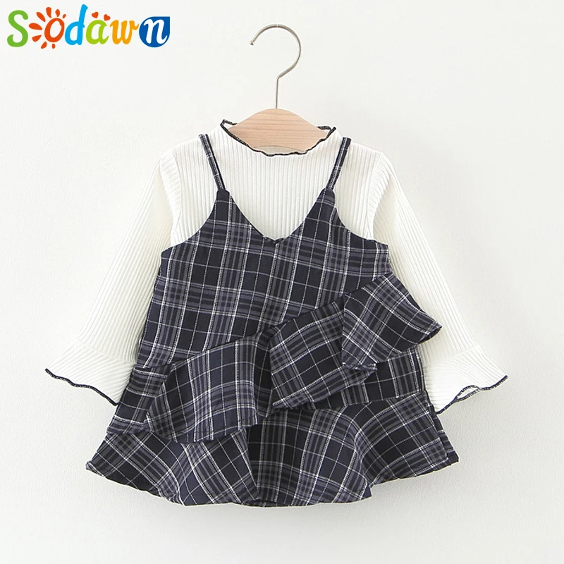 

Sodawn Baby Girl Clothes Suit White Long-Sleeved T-Shirt +Plaid Dress 2PCS Spring Autumn Children Clothing Fashion Girls ClotheS
