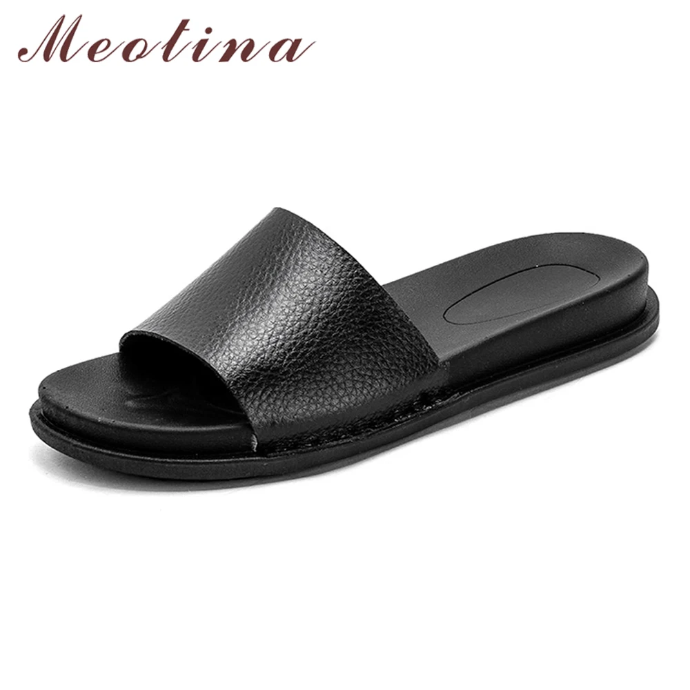 

Meotina Summer Slippers Women Shoes Cow Leather Flat with Casual Shoes Fashion Open Toe Slides Ladies Sandals New White Size 5-9
