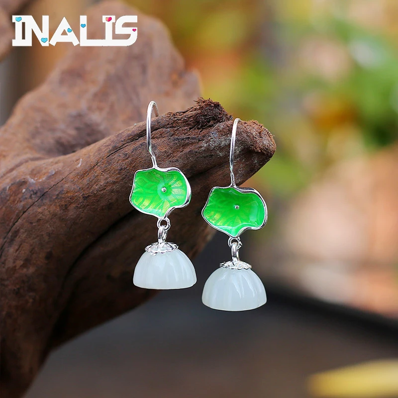 

INALIS New Jade Lotus Seedpod Leaf Women Ear Hook S925 Sterling Silver Drop Earrings For Women Best Gifts Anniversary Jewelry