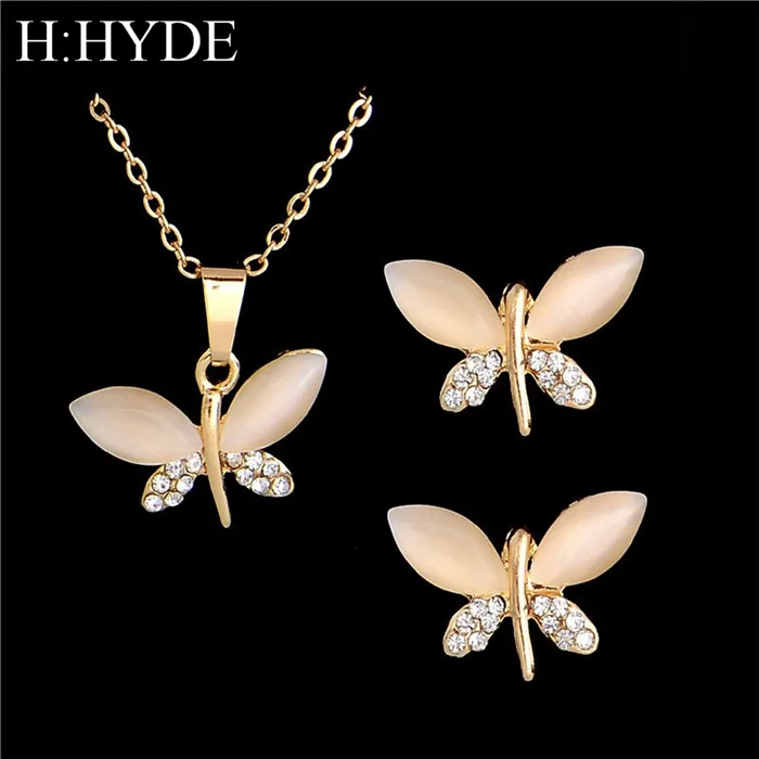 H: HYDE изысканные женские/девичьи Ювелирные наборы золотого цвета в форме бабочки цепочка с австрийским кристаллом ожерелье+ серьги свадебные подарки