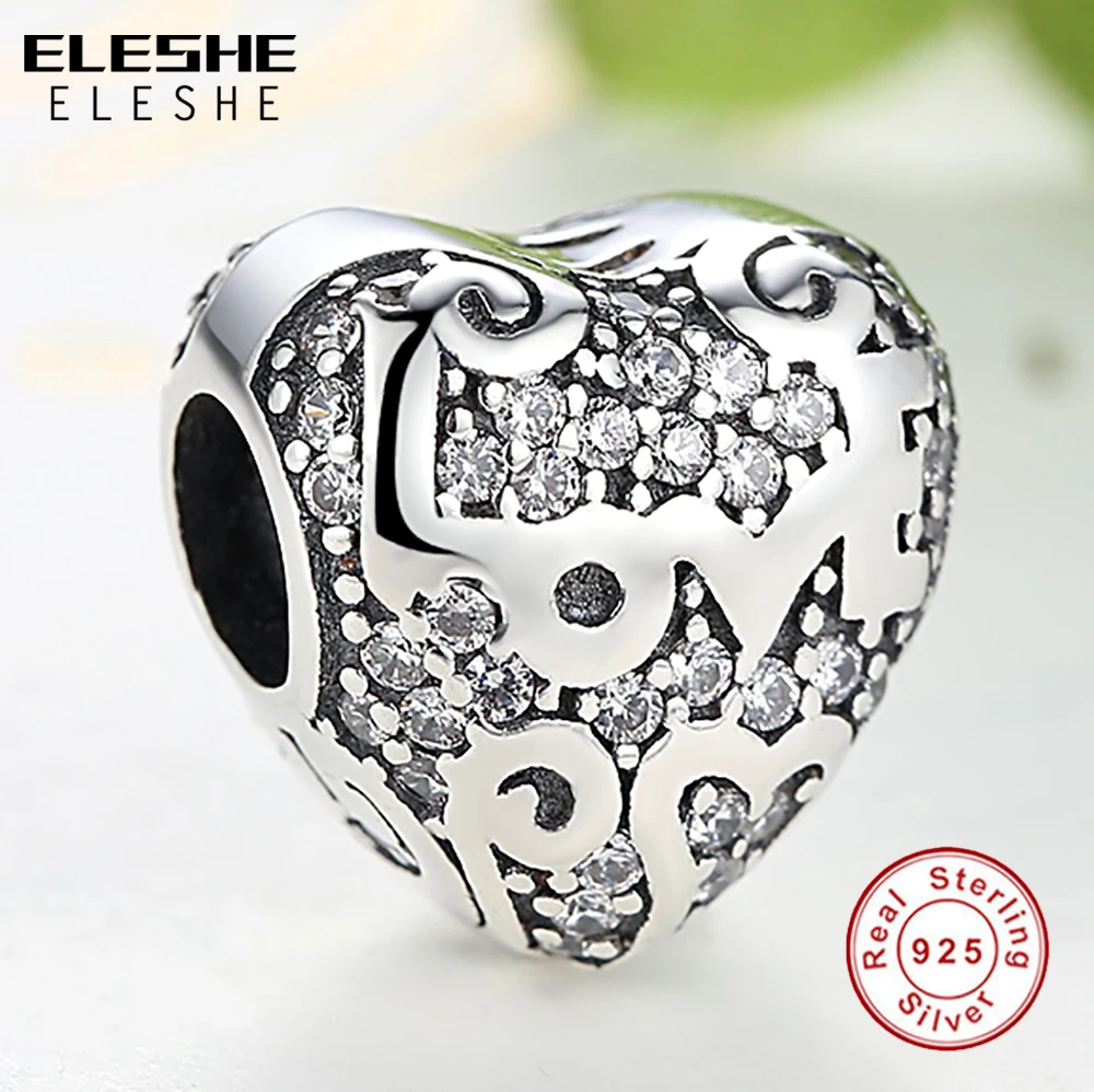 ELESHE Authentic 925 Sterling Silver Love Heart Charm Beads Fit Original ELESHE Bracelet DIY Jewelry In My Heart With Clear CZ
