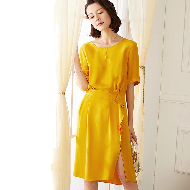 

High-end Dress Women 100% Heavy Silk Elegant Style O Neck Short Sleeves Elastic Waist Asymmetrical Ruffles 2 Colors Fashion 2019