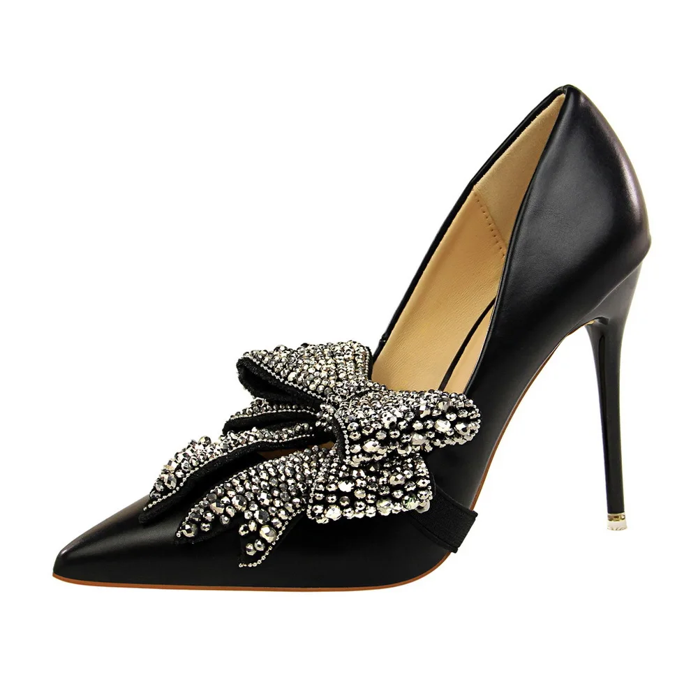 Г. Новые модные женские туфли-лодочки на высоком каблуке элегантные туфли на тонком каблуке 10 см, галстук-бабочка со стразами, острый носок, пикантная Свадебная обувь для выпускного вечера