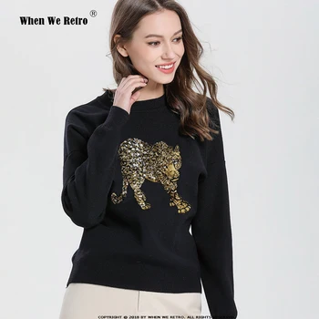 

When We Retro 2019 Animal Sequined Sweater H7013 Leopard Embroidery Spring Autumn Pullovers Black Tops