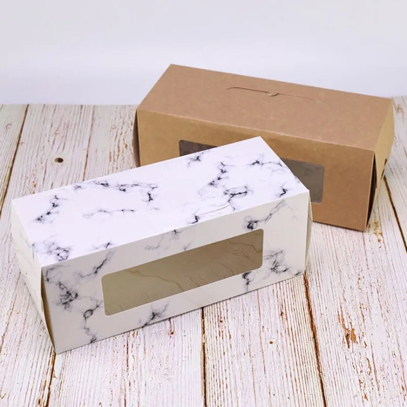 FeiLuan store10pcs 27x11x11cm Brown paper hand-held windowed cake roll box stock marbled towel roll baked cake pastry box custom