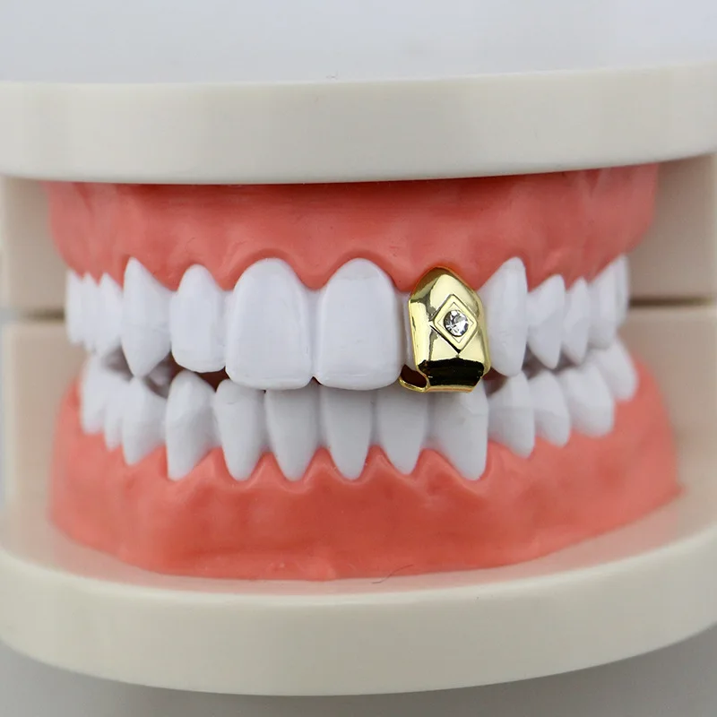 HIPHOP Single Teeth Grillz 4 Color Grillz With Clear Crystal Inlay  Hip Hop Jewelry for Men Body Joyeria Mouth Decoration (10)