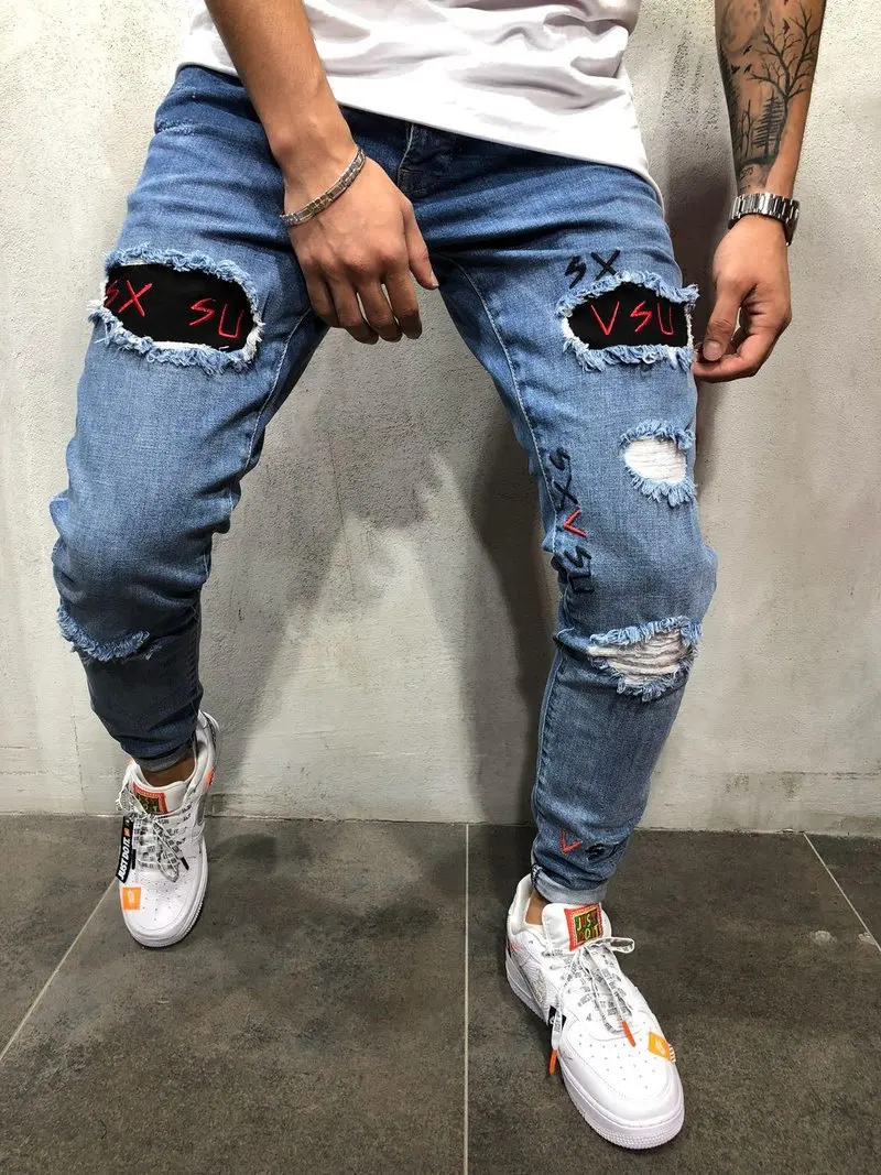 Stylish стильные джинсы modis homme, рваные джинсы, байкерские узкие прямые потертые джинсы с вышивкой, узкие джинсы, Мужские штаны