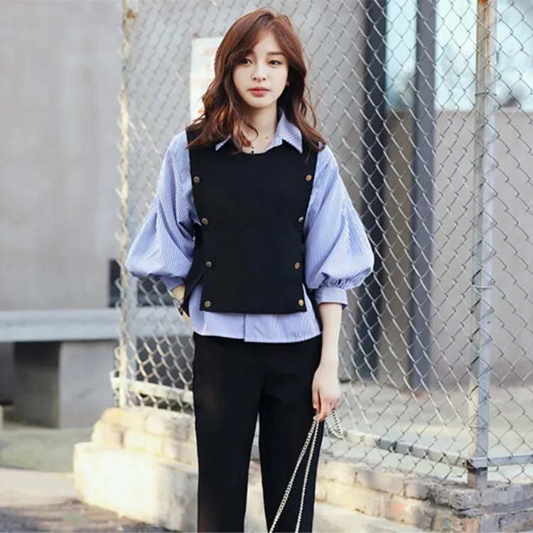 

M-4Xl 3 Piece Set Women Vest Striped Shirt And Pants Sets Suits Plus Size Casual Office Ladies Three Piece Sets