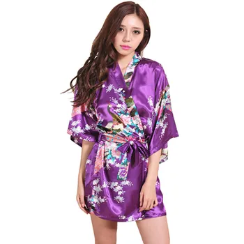 

Sexy Purple Printed Female Mini Silk Robe Rayon Kimono Yukata Night Dress Gown Flower &Peacock S M L XL XXL XXXL LK07