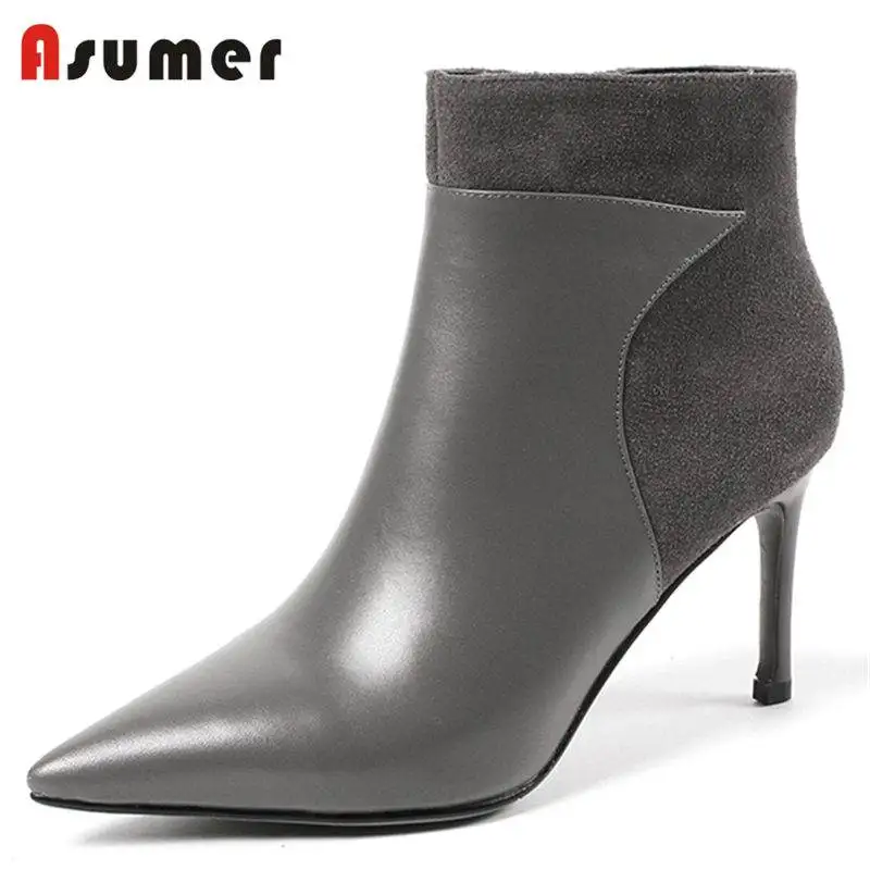

ASUMER 2018 NEW fashion patchwork genuine leather+faux suede boots stiletto heels ankle boots for women zipper autumn boots