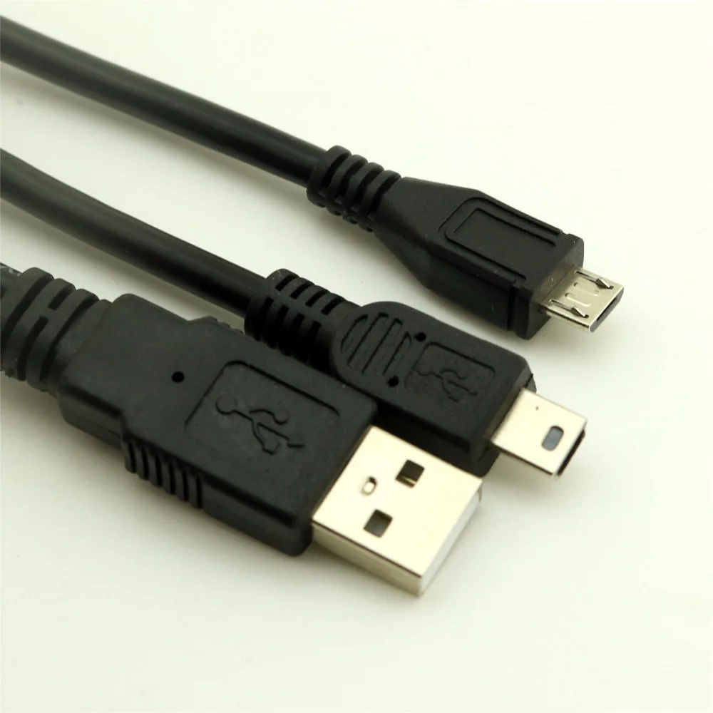 1pcs Black USB A Male to Mini & Micro USB 5 Pin Adapter Dual Plug Splitter Charger Cable 30cm