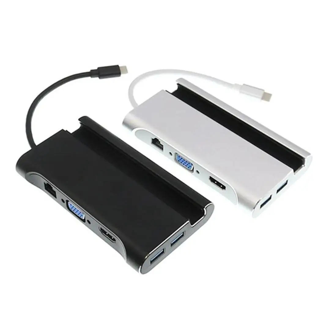 

Type-C to HDMI/VGA RJ45 HUB Adapter 3 USB3.0 Port Hub Type C Multi-function Docking Station for Macbook with Phone Holder Stand