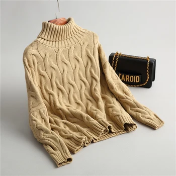 

2019 spring women sweater casual loose solid color high-necked long-sleeved sweater