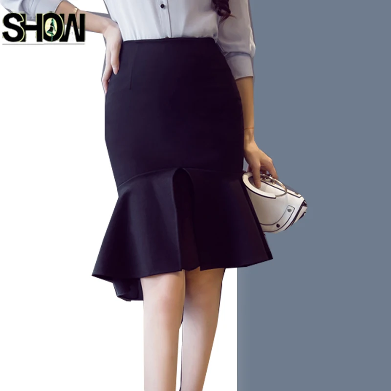 

High Waist Skirts New Hot Selling Women Fashion Korea Style Ruffled Slim Elegant Office Lady Work White Black Mermaid Skirt