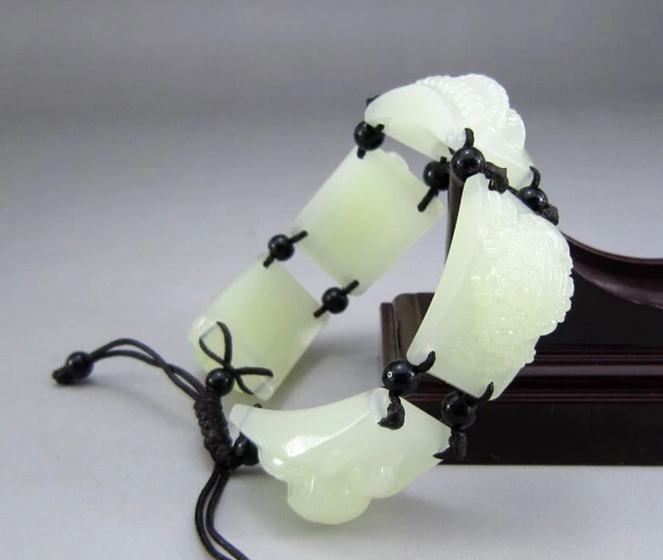 

huij 001583 100% Natural hand-woven Chinese white jade Five insect Bangle Bracelet adjustabl