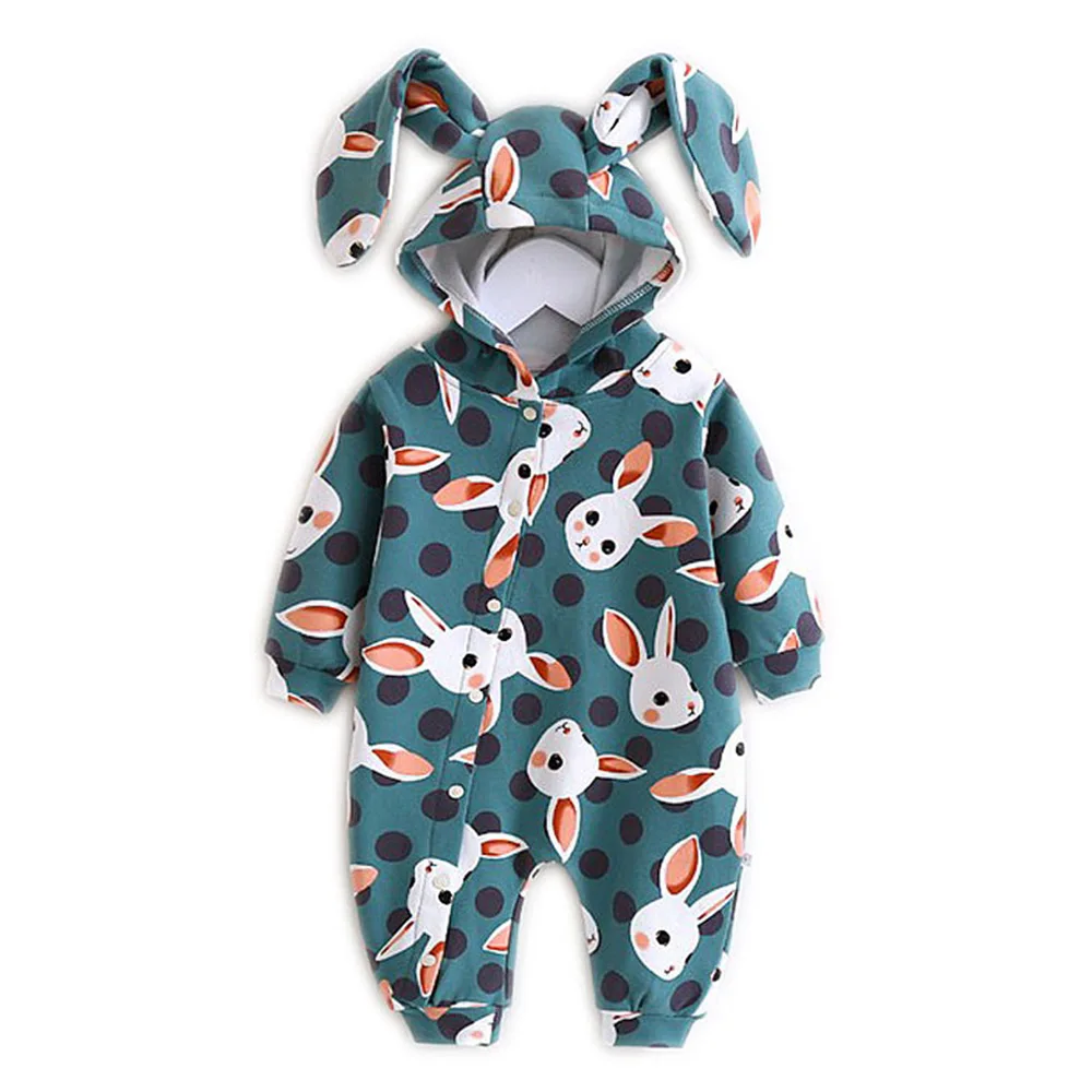 Хлопковый комбинезон для новорожденных; милый комбинезон с капюшоном и ушками кролика из мультфильма; одежда для прогулок с длинными рукавами; цельнокроеная одежда унисекс - Цвет: 66cm
