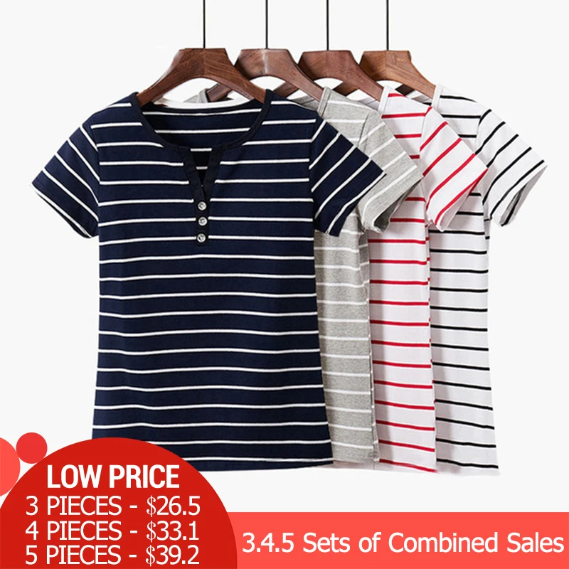 

T Shirt Women 3-5 Piece Set Combined Sales 2019 Summer Casual Short Sleeve tshirts Strip Cotton T-Shirt Plus Size 5XL
