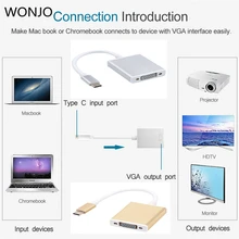 Мужской USB 3,1 Тип C USB-C-Женский VGA Кабель-адаптер 10 Гбит/с для нового Macbook 12 дюймов Chromebook Pixel Lumia 950XL type-C-VGA
