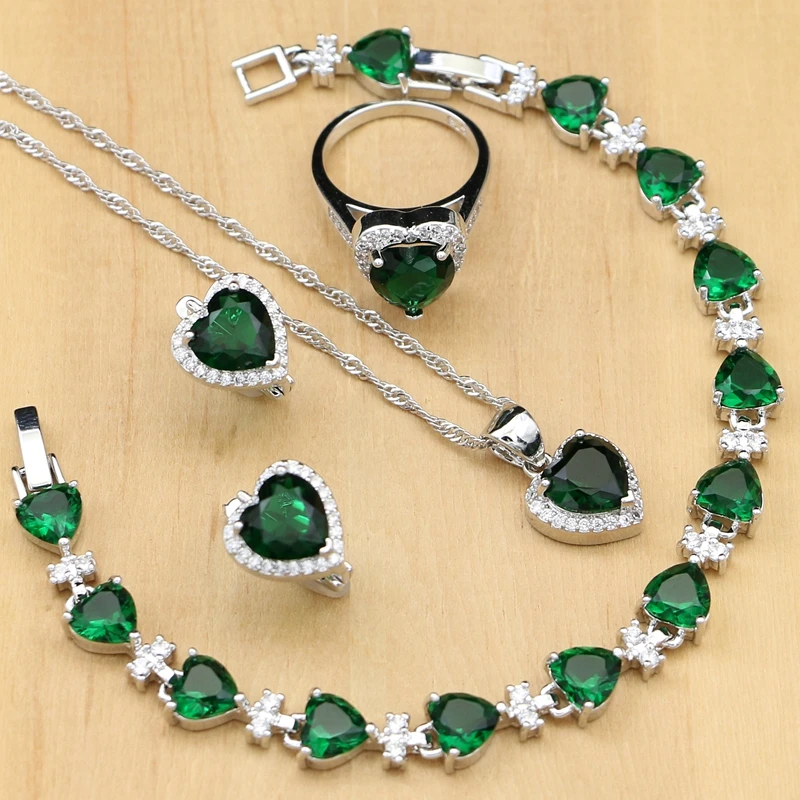 925 Silver Bridal Jewelry Sets Green Cubic zirconia White CZ For Women Weeding (4)