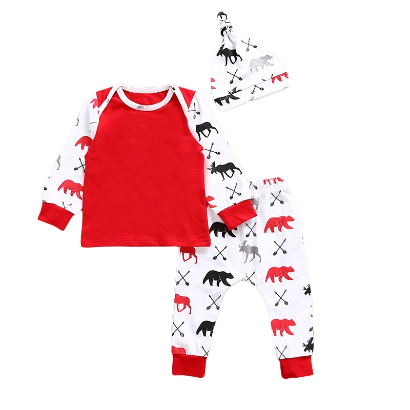 Baby Clothing Set 2017 Autumn Baby Wear Boys Clothes Babys Deer Christmas Style Print T-Shirt + Hat + Pants 3pcs Clothes Set