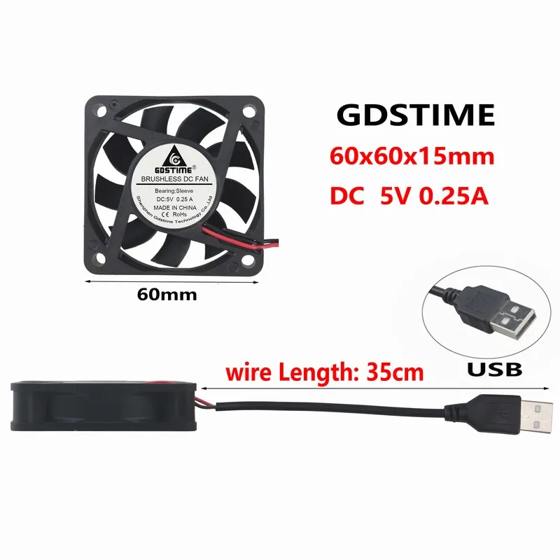 2 шт. Gdstime 60 мм 5 в USB питание 6 см 60x60x15 6015 бесщеточный DC компьютер CPU чехол Вентилятор