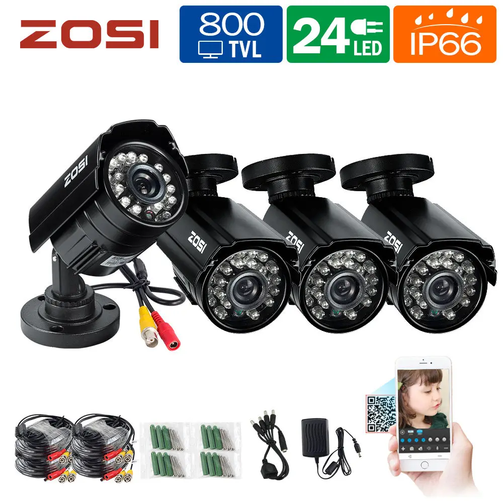 ZOSI CCTV Камера 4pcsx800tvl HD 1/3 "CMOS 24ir светодиоды ИК-день/ночь Водонепроницаемый Открытый безопасности дома survenlliance Камера комплект