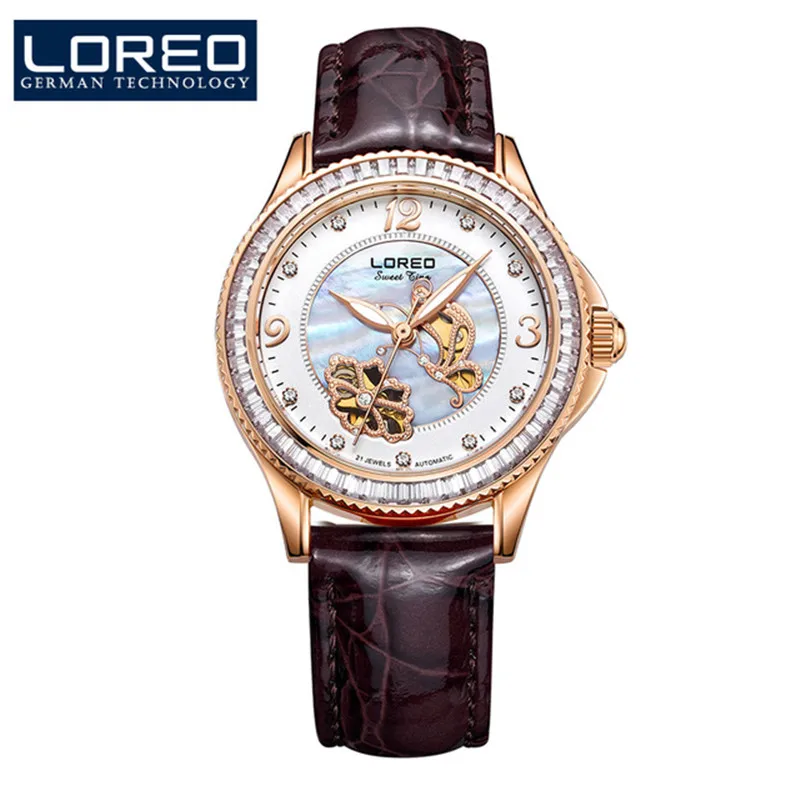 

LOREO diamond kol saati butterfly skeleton automatic mechanical Pearl dial distinguished waterproof leather strap lady watch O84