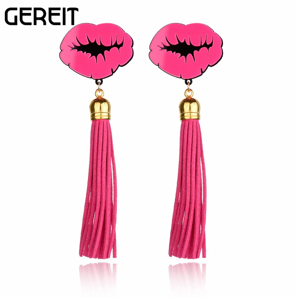 

GEREIT Sexy Pink Red Lips Acrylic Dangle Earrings Long Tassel Earrings For Women Kpop Statement Ear Summer Indian Jewelry 2018