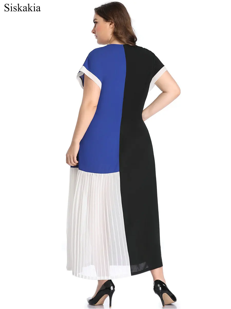 Siskakia Fashion Color Block Stitching Dress For Women Euro and American Round Neck Short Sleeve Big Size Female Dress Summer  (5)
