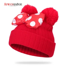 2019 Children Bow Knot Ball Knit Cap Cute Boy Girl Winter Hat Wearing Ear Hat Cartoon Polka Dot Outdoor Warm Kids Innocent Cap cute kids satchel with polka dot and cartoon shape design