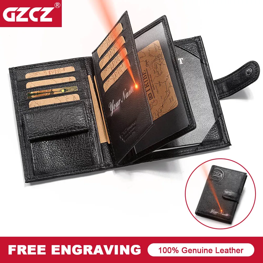 GZCZ Genuine Cow Leather Men Wallet Fashion Coin and Passport Pocket Brand Multifunction Purse High Quality Male Card ID Holder