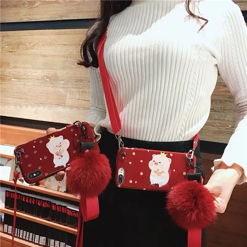 

case for iphone XS MAX XR X 6 6S 7 8 plus case cover cute 3d pig blue ray With shoulder strap fur soft silicon phone bag