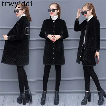 

2020 Women Winter Jacket Medium Length New Warm Gold velvet cotton clothes Coat Korea Large size Women Thin Elegant Tops N84