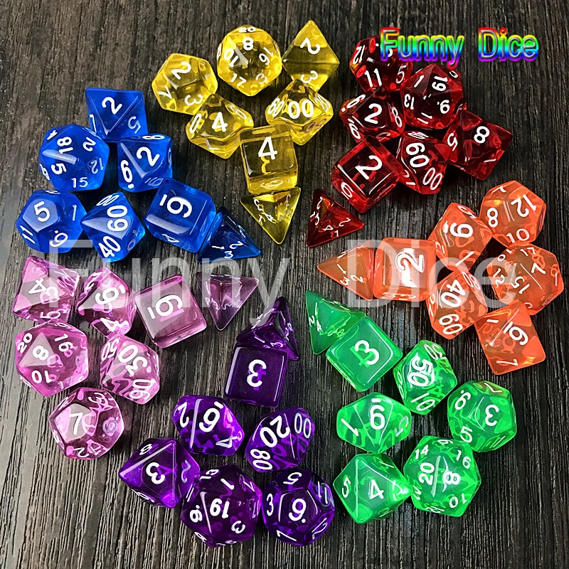

Funny Dice Colorful 7pcs/set High Quality multi color Candy Set of D4,D6,D8,D10,D10%,D12,D20 for Board game Desk Game