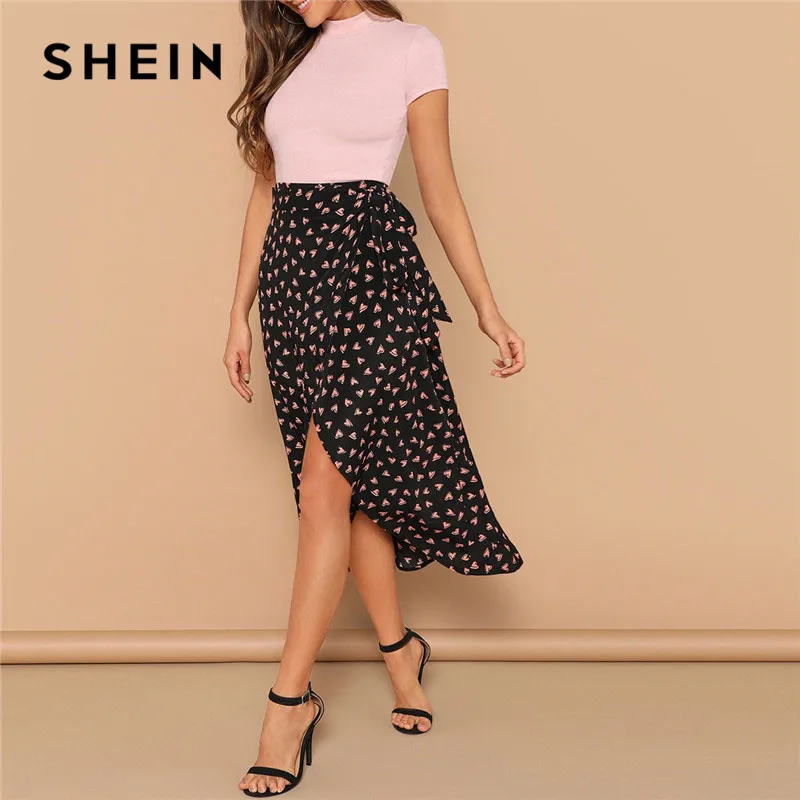 

SHEIN Black Mid Waist Belted Knot Asymmetrical Hem Heart Print Maxi Skirt Summer Boho Women Casual Beach Vacation Skirts