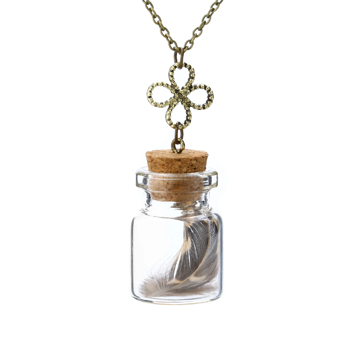 Vintage Long Link Chain Choker Necklace Shellhard Real Feather in Glass Wish Bottle Pendant Necklaces For Women Jewelry Gift