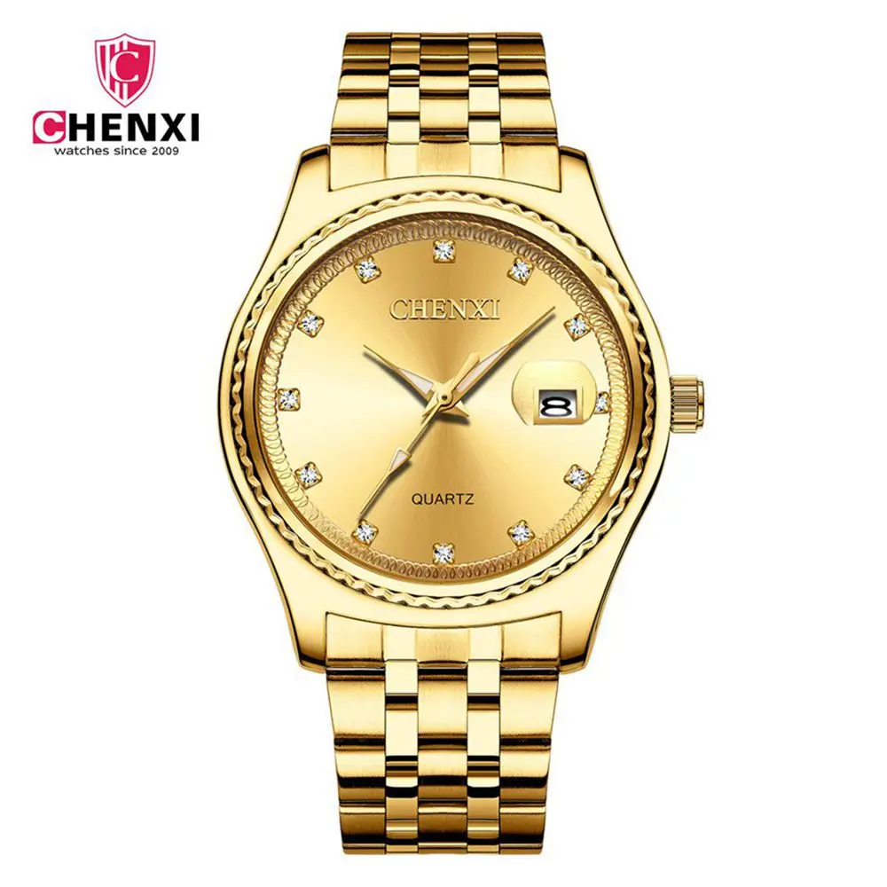 

Classic CHENXI Golden Watch Men Fashion Nails Rhinestone Wristwatch Luxury Gold Steel Strap Retro Man Business Dress Clock Gift