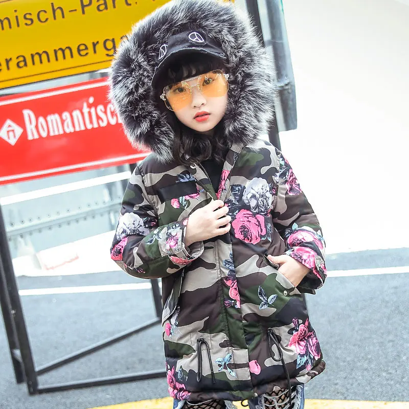 

New Fashion Children Winter Jacket Flower Camouflage Girl Winter Coat Kids Warm Thick Fur Collar Hooded Long Down Coats 3T-12T