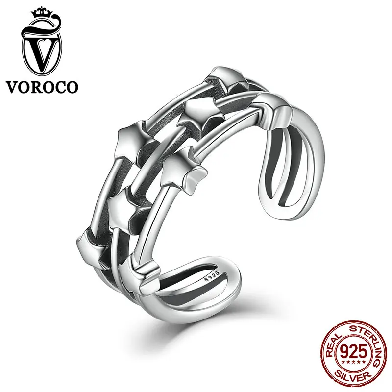 

VOROCO 925 Sterling Silver Stars Smooth Model Rings Entry Luxe Open Finger Adjuatable Rings for Woman Gift Wedding Rings VSR047
