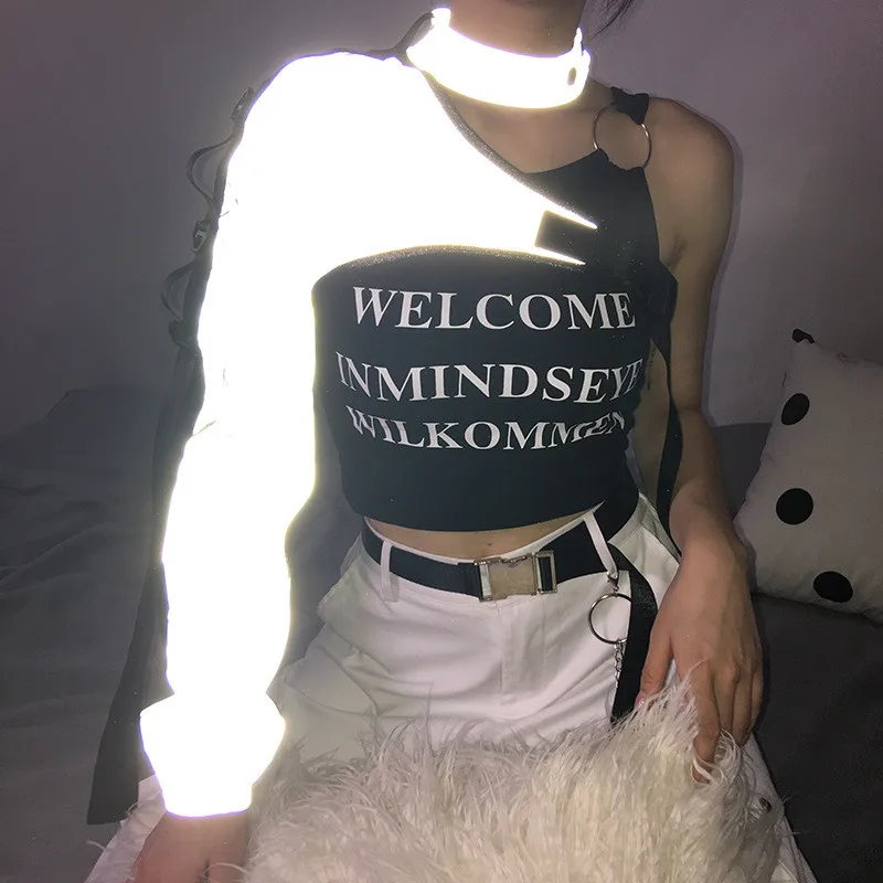 

Gothic Streetwear Reflective Jacket Women Halter Buckle Patchwork Jackets 2019 Fashion Cropped One Shoulder Jackets