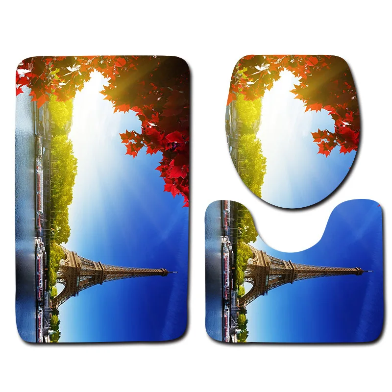 

Zeegle Tower Printed 3Pcs Toilet Rugs Set Non-Slip Pedestal Rugs Lid Toilet Cover Bath Mat Set Bathroom Carpets Shower Mats