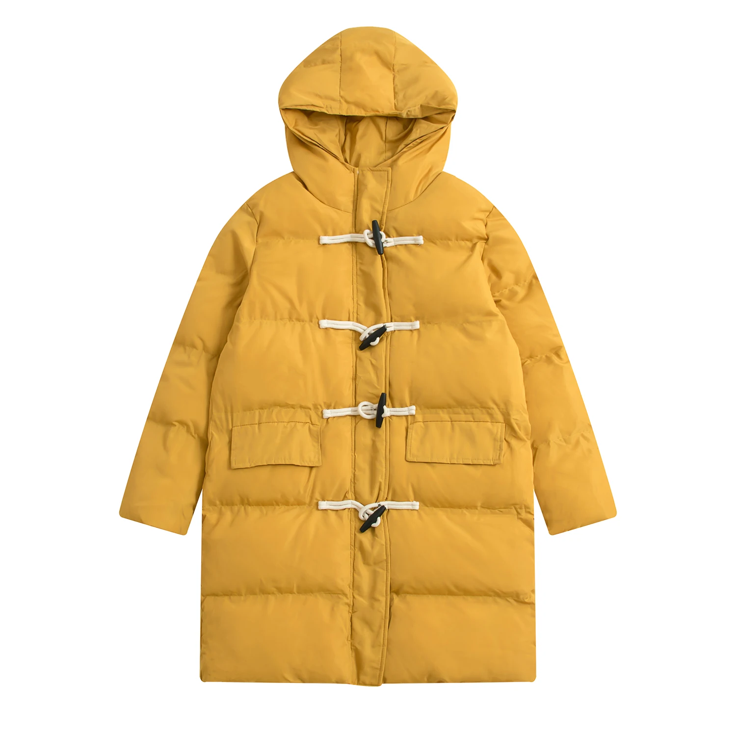

Hooded Women Casual Loose Cotton-padded Coat Yellow Solid Color X-long Horn Buckle 2018 Winter Jacket Thick Parkas Coat Ladies